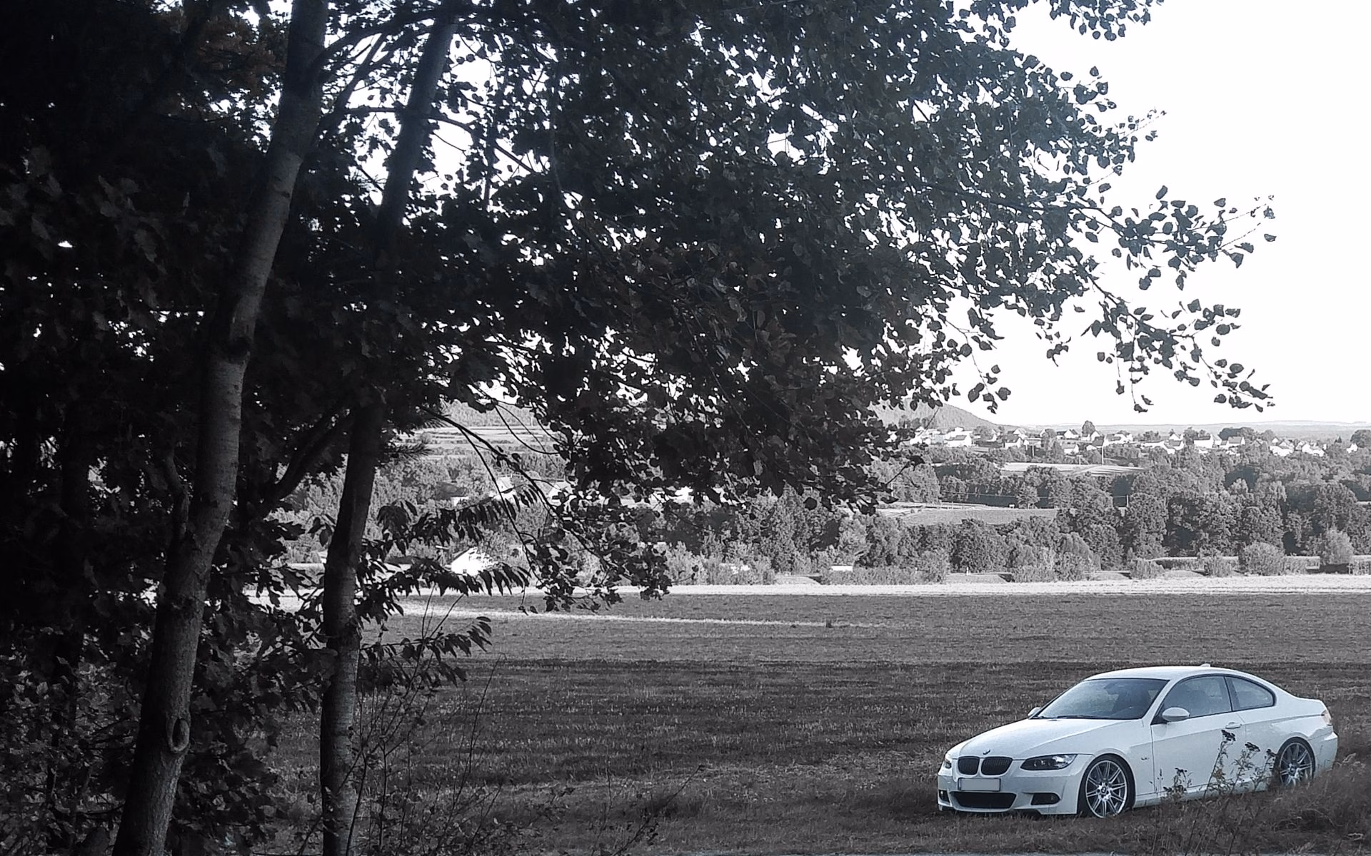 Freude am Fahren BMW 330i E92 am Rand eines Feldes in Schwarz-Weiß