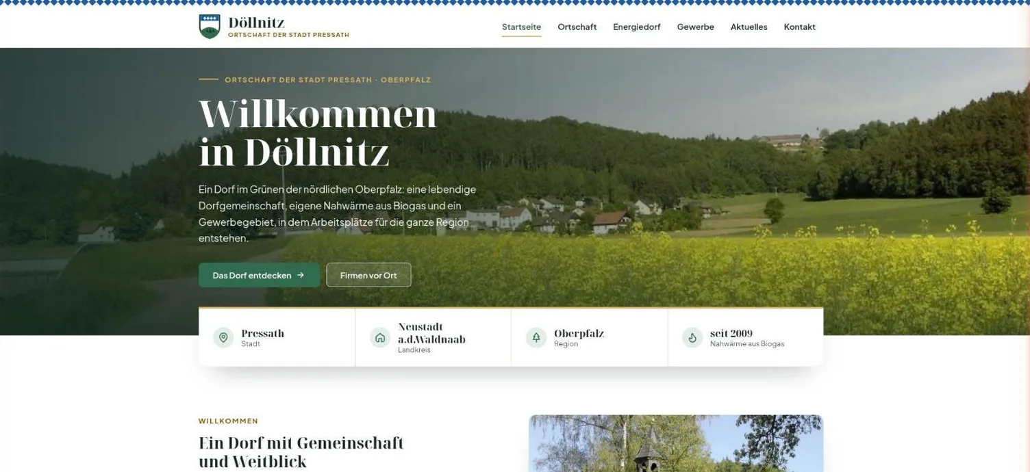 Startseite der Website doellnitz.de mit Hero-Foto, Rauten-Band und Fakten-Leiste
