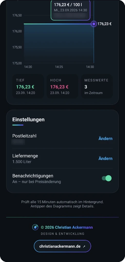 HeizölRadar mit Kennzahlen Tief, Hoch und Messwerte sowie den Einstellungen für Postleitzahl, Liefermenge und Benachrichtigungen