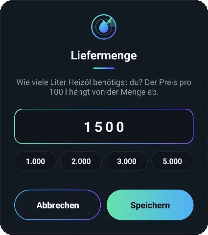 Dialog zur Liefermenge mit Eingabefeld und Schnellwahl von 1.000 bis 5.000 Litern