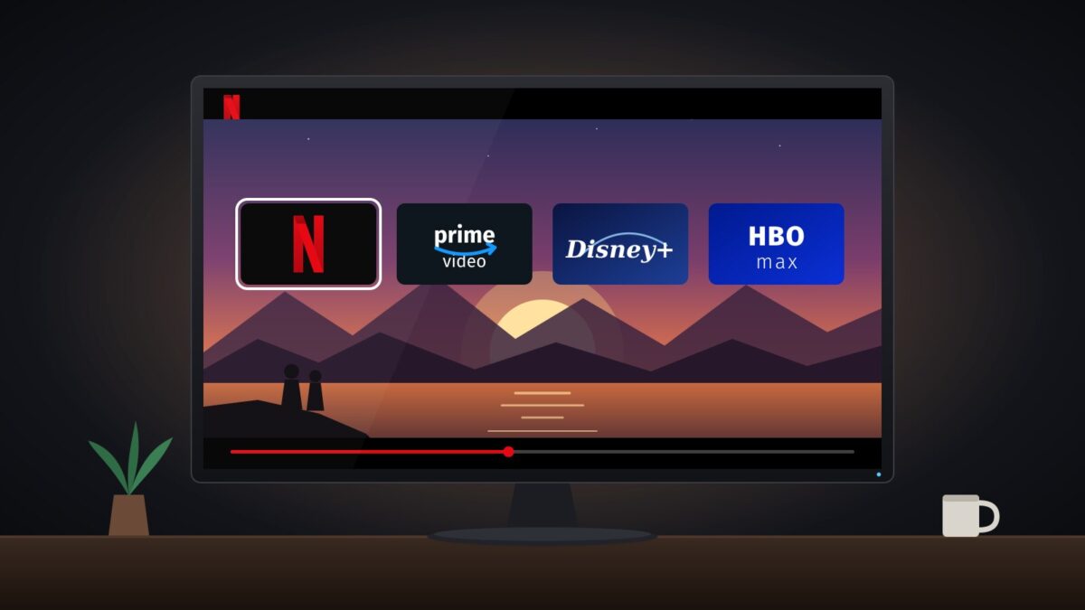 Full-HD-Streaming unter Linux: Warum Netflix & Co. auf CachyOS so oft matschig aussehen Monitor mit Filmszene und den App-Kacheln von Netflix, Prime Video, Disney+ und HBO Max